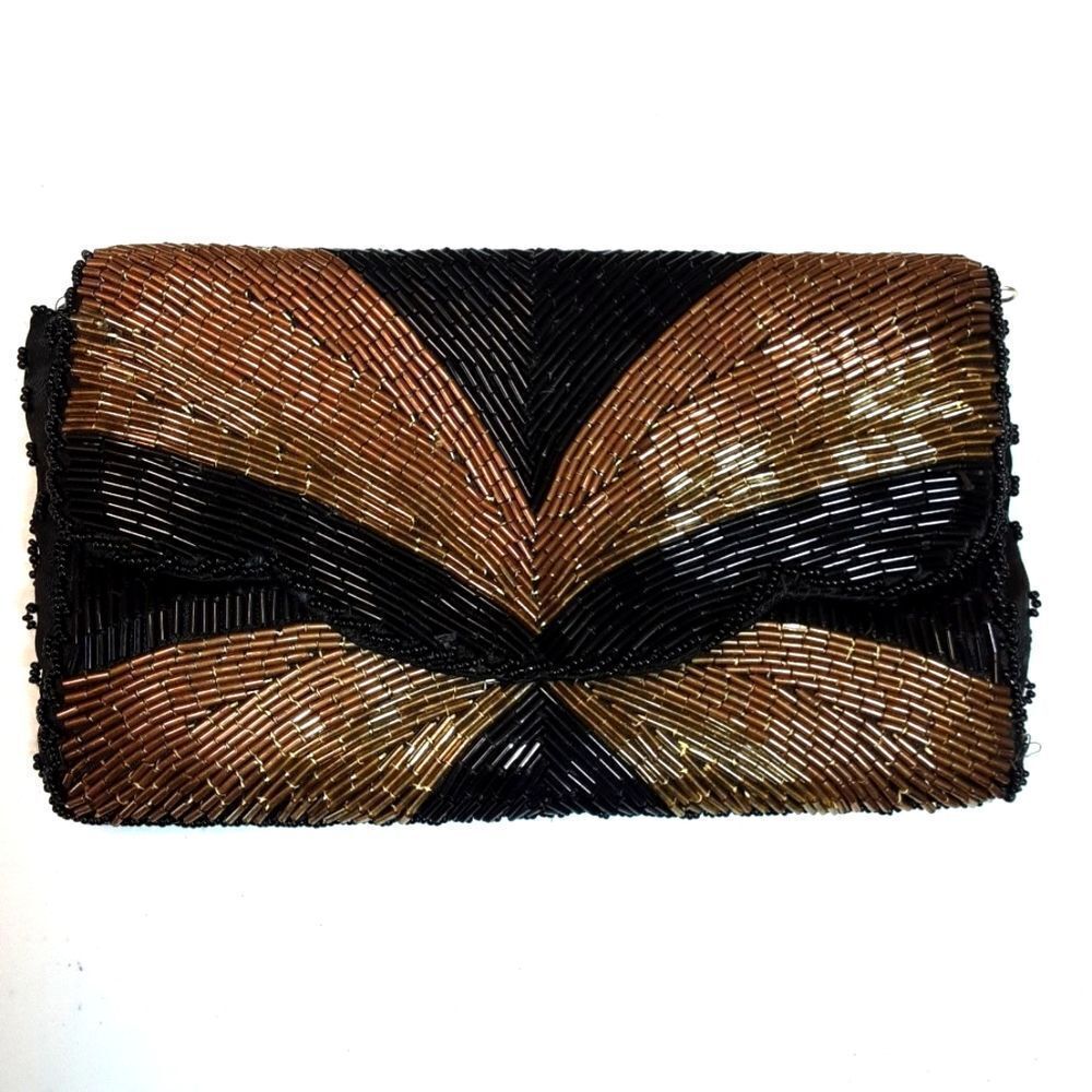 Vintage Clutch Art Deco Jet Hand-Beaded Copper Gold‎ Handbag Lined 9"x5"